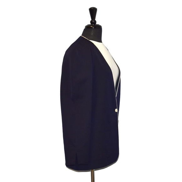 B0 BURBERRYS Navy Wool White Trim Single Button Collarless Jacket Blazer Size L - Picture 3 of 7
